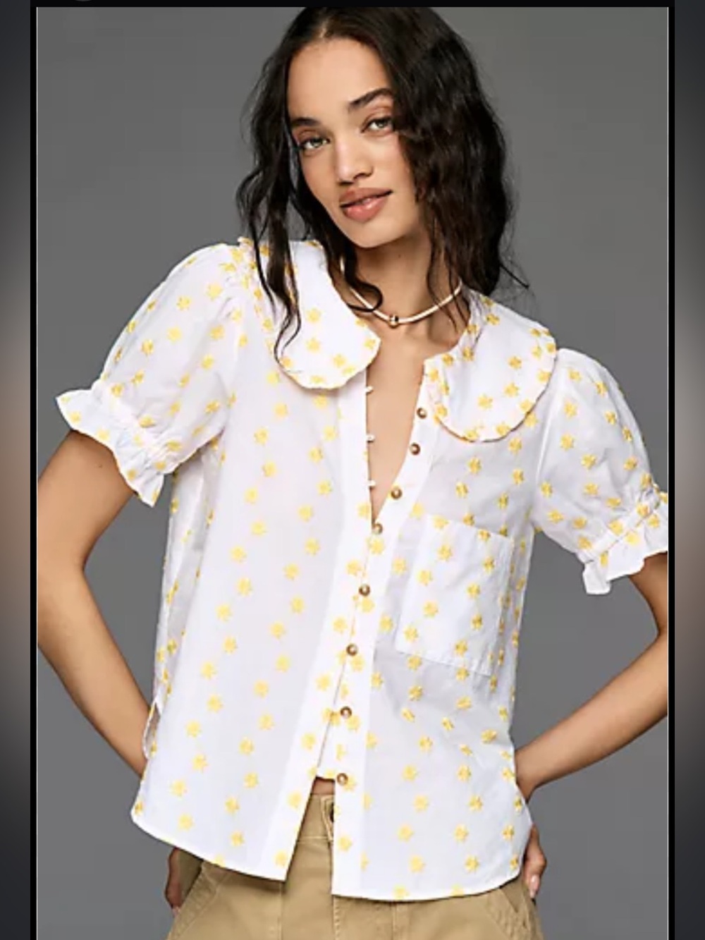 NWT Pilcro Keira White Button-Front Blouse with Yellow Floral Embroidered Print